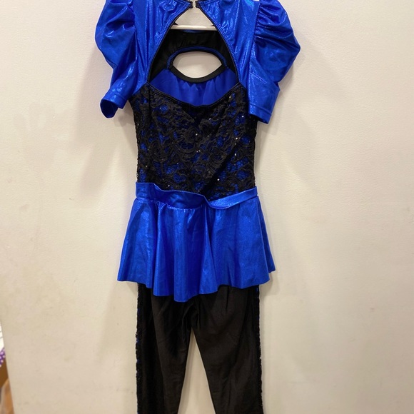 Dance recital one piece top and pants set. shimmery blue and black with sequins - Picture 2 of 2